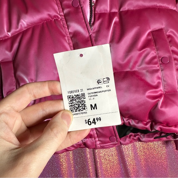Forever 21 Rose Pink Fuchsia Metallic Quilted Puffer Crop Jacket Coat - Picture 9 of 13